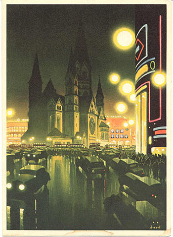 Vintage Travel Poster "Berlin, Evening Near the Kaiser Wilhelm Memorial Church," 1936, designed by Jupp Wiertz. 