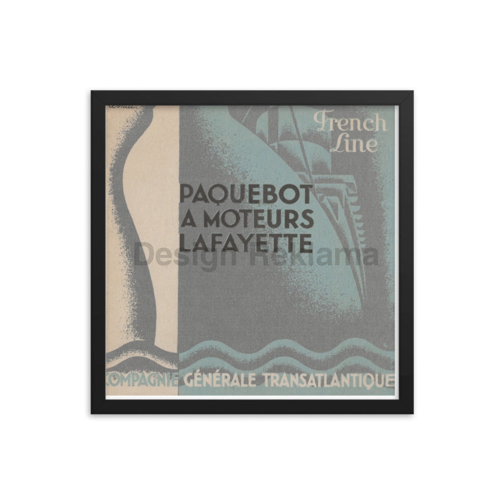 French Line Packetboat And Motorboat Lafayette, 1935 of the Compagnie Generale Transatlantique Framed Vintage Travel Poster. Vintage Travel Poster Design Reklama