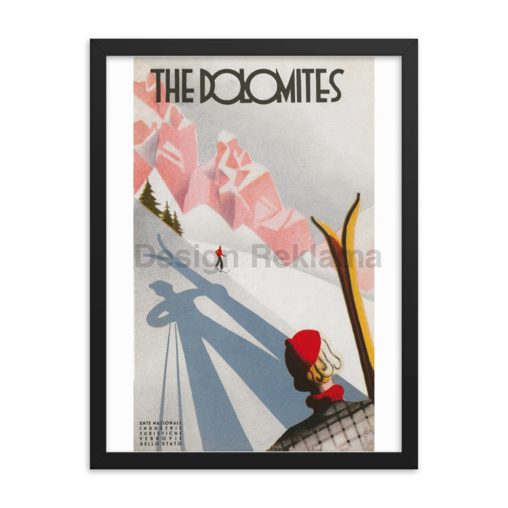 Skiing in the Dolomite Mountains, Italy circa 1933 Published by the ENIT. Framed Vintage Travel Poster Vintage Travel Poster Design Reklama
