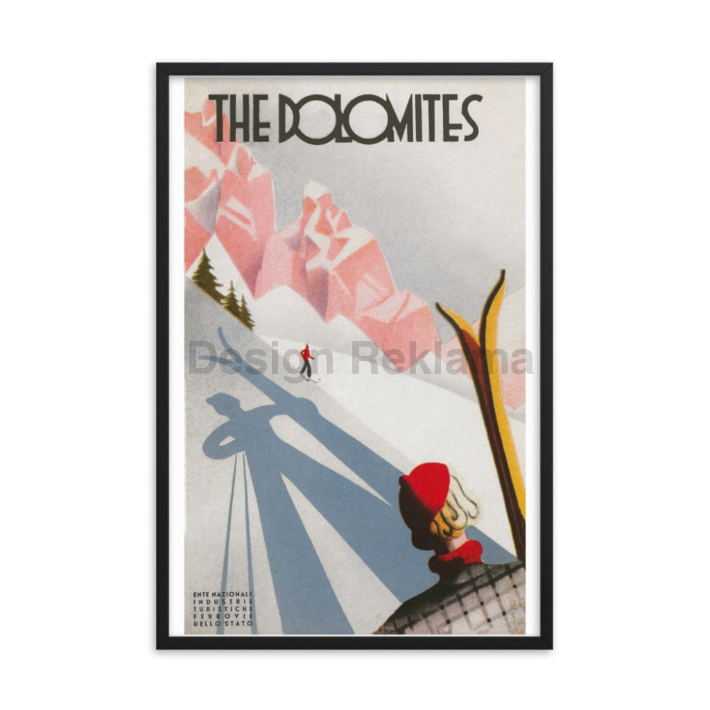 Skiing in the Dolomite Mountains, Italy circa 1933 Published by the ENIT. Framed Vintage Travel Poster Vintage Travel Poster Design Reklama