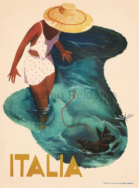 Swimming Dog - Travel in Italy, 1937. Framed Vintage Travel Poster Vintage Travel Poster Design Reklama