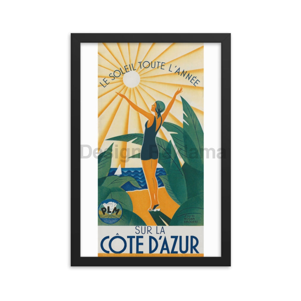 Year-Round Sun on the Cote D'Azur, France circa 1934. Framed Vintage Travel Poster Vintage Travel Poster Design Reklama