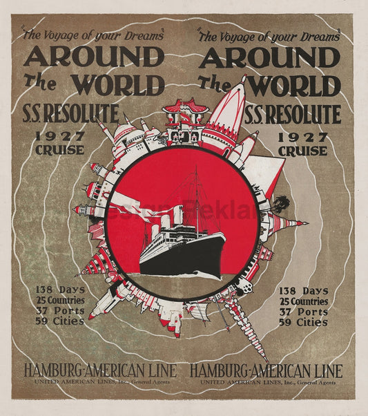 Around the World S S Resolute 1927 Cruise by Hamburg American Line. Unframed Vintage Trave Poster Vintage Travel Poster Design Reklama