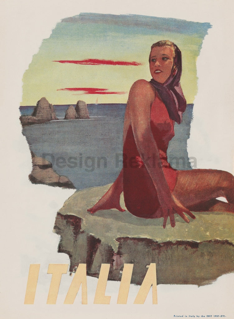 Beach - Travel in Italy, 1937. Unframed Vintage Travel Poster Vintage Travel Poster Design Reklama
