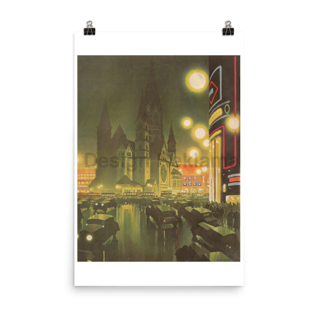 Berlin, Germany. Kaiser William Memorial Church at Night, 1936. Unframed Vintage Travel Poster Vintage Travel Poster Design Reklama