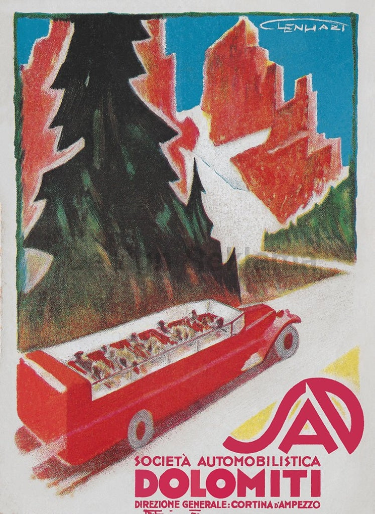 Dolomites, Italy Automobile Company, circa 1933. Unframed Vintage Travel Poster Vintage Travel Poster Design Reklama