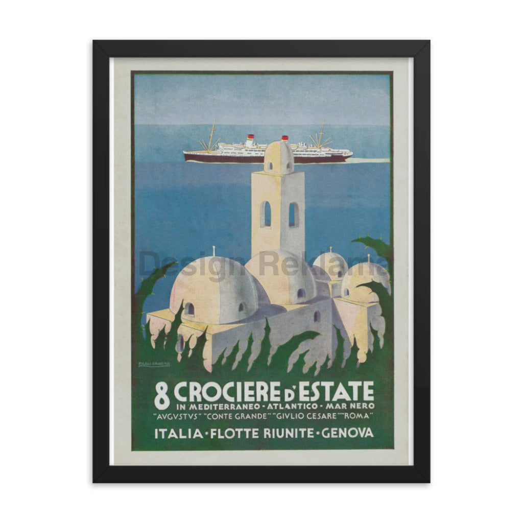 Eight Summer Cruises in the Mediterranean-Atlantic Black Sea, 1936 Italian United Fleets. Framed Vintage Travel Poster Vintage Travel Poster Design Reklama