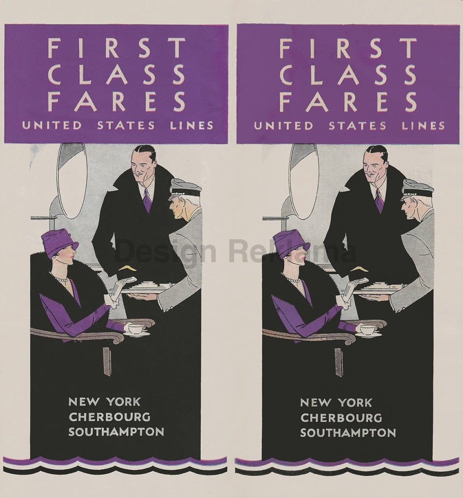 First Class Fares United States Lines New-York Cherbourg Southampton, 1931. Unframed Vintage Travel Poster Vintage Travel Poster Design Reklama