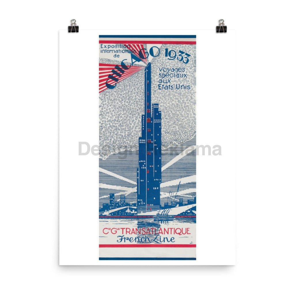 French Line Compagnie Generale Transatlantique Special Voyage To The United States For Chicago Worlds Fair, 1933. Unframed Vintage Travel Poster Vintage Travel Poster Design Reklama