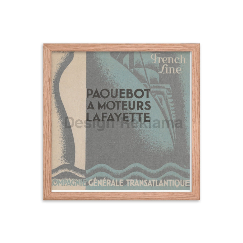 French Line Packetboat And Motorboat Lafayette, 1935 of the Compagnie Generale Transatlantique Framed Vintage Travel Poster. Vintage Travel Poster Design Reklama