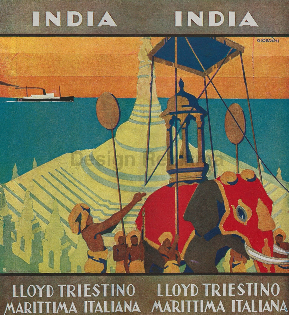 India Lloyd Triestino Marittima Italiana, 1931. Framed Vintage Travel Poster Vintage Travel Poster Design Reklama