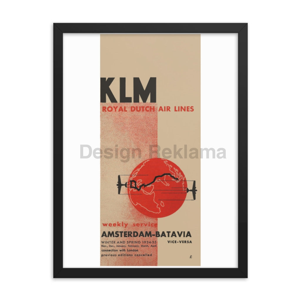 KLM Royal Dutch Airlines Weekly Service Amsterdam Batavia, 1934. Framed Vintage Travel Poster Vintage Travel Poster Design Reklama