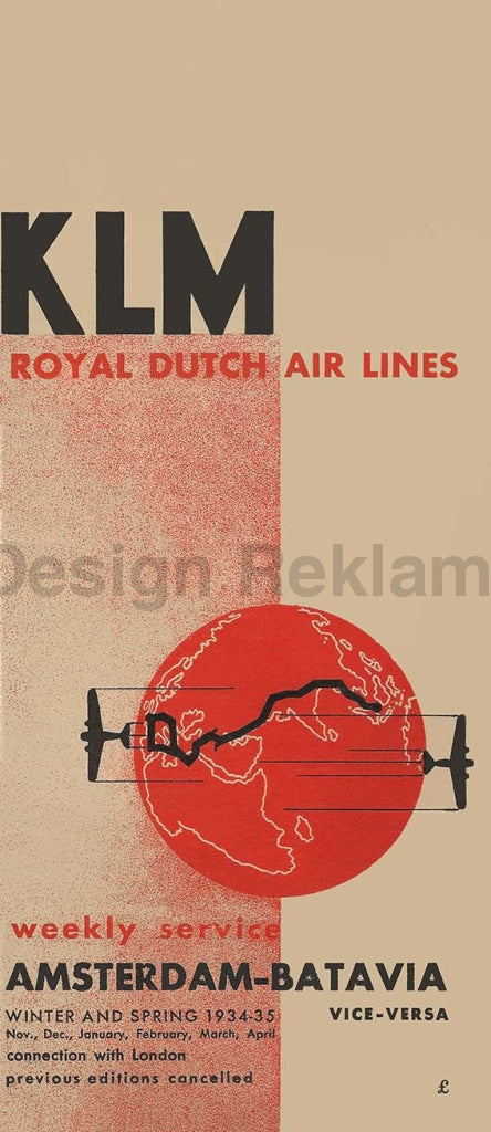 KLM Royal Dutch Airlines Weekly Service Amsterdam Batavia, 1934. Unframed Vintage Travel Poster Vintage Travel Poster Design Reklama