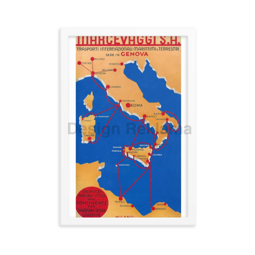 Marcevaggi SA International Sea and Land Transport, 1935. Framed Vintage Travel Poster Vintage Travel Poster Design Reklama