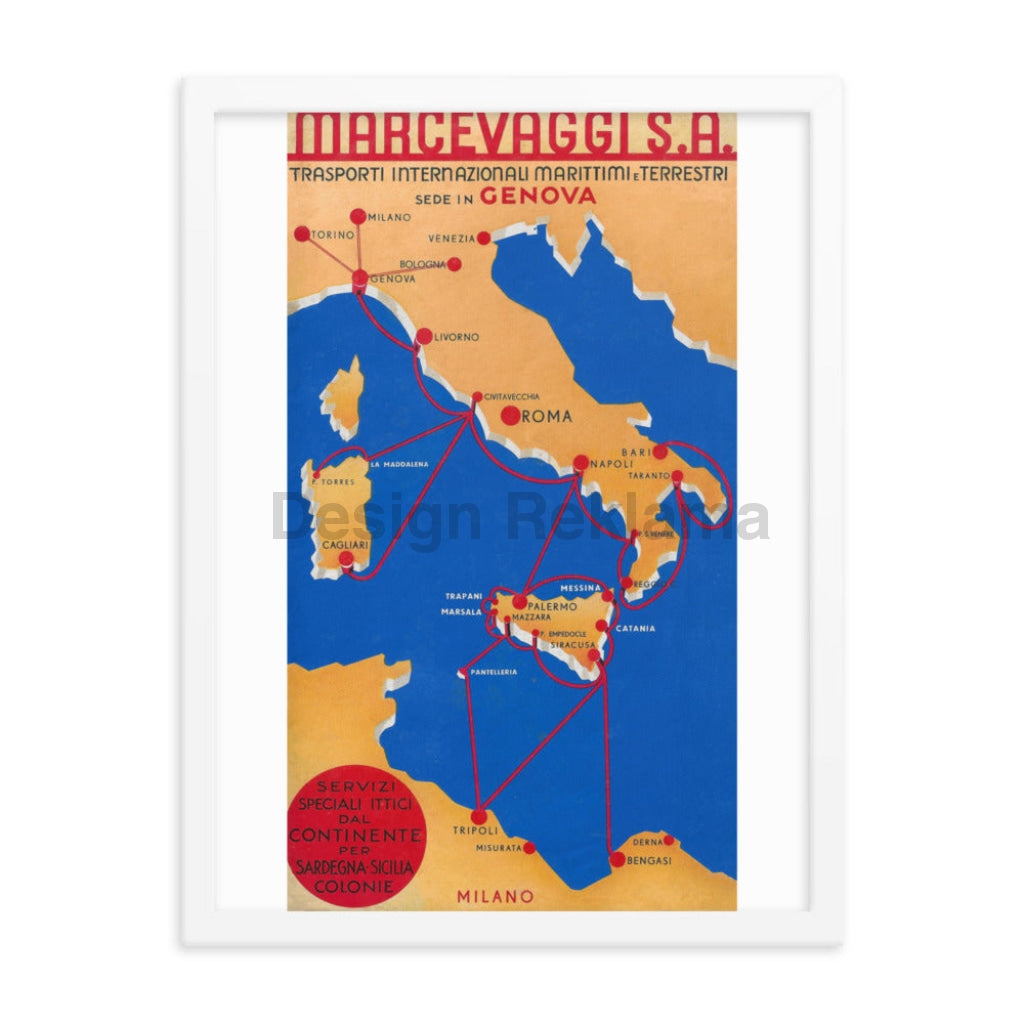 Marcevaggi SA International Sea and Land Transport, 1935. Framed Vintage Travel Poster Vintage Travel Poster Design Reklama