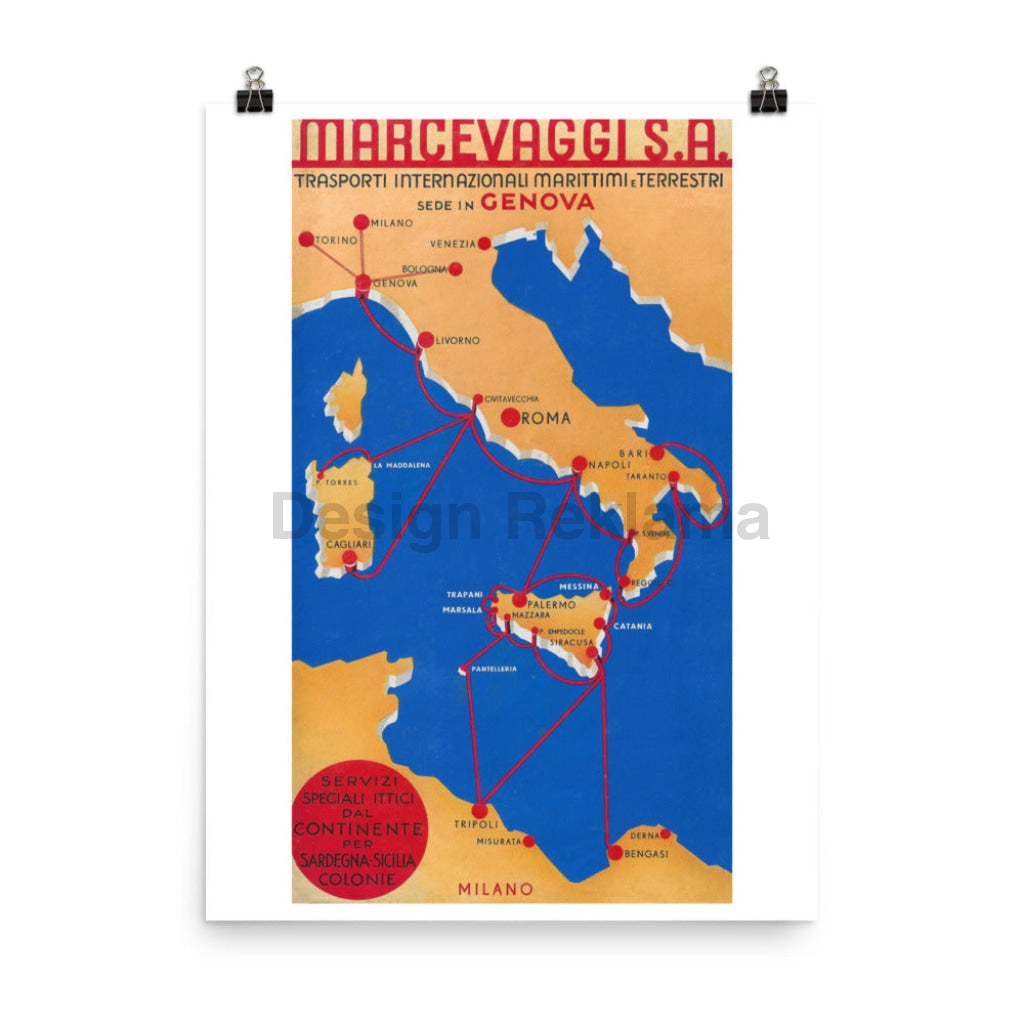 Marcevaggi SA International Sea and Land Transport, 1935. Unframed Vintage Travel Poster Vintage Travel Poster Design Reklama
