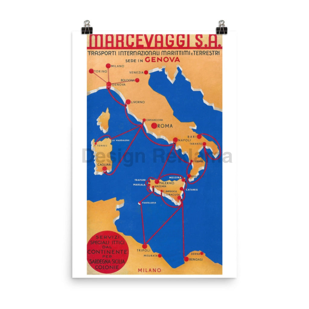 Marcevaggi SA International Sea and Land Transport, 1935. Unframed Vintage Travel Poster Vintage Travel Poster Design Reklama