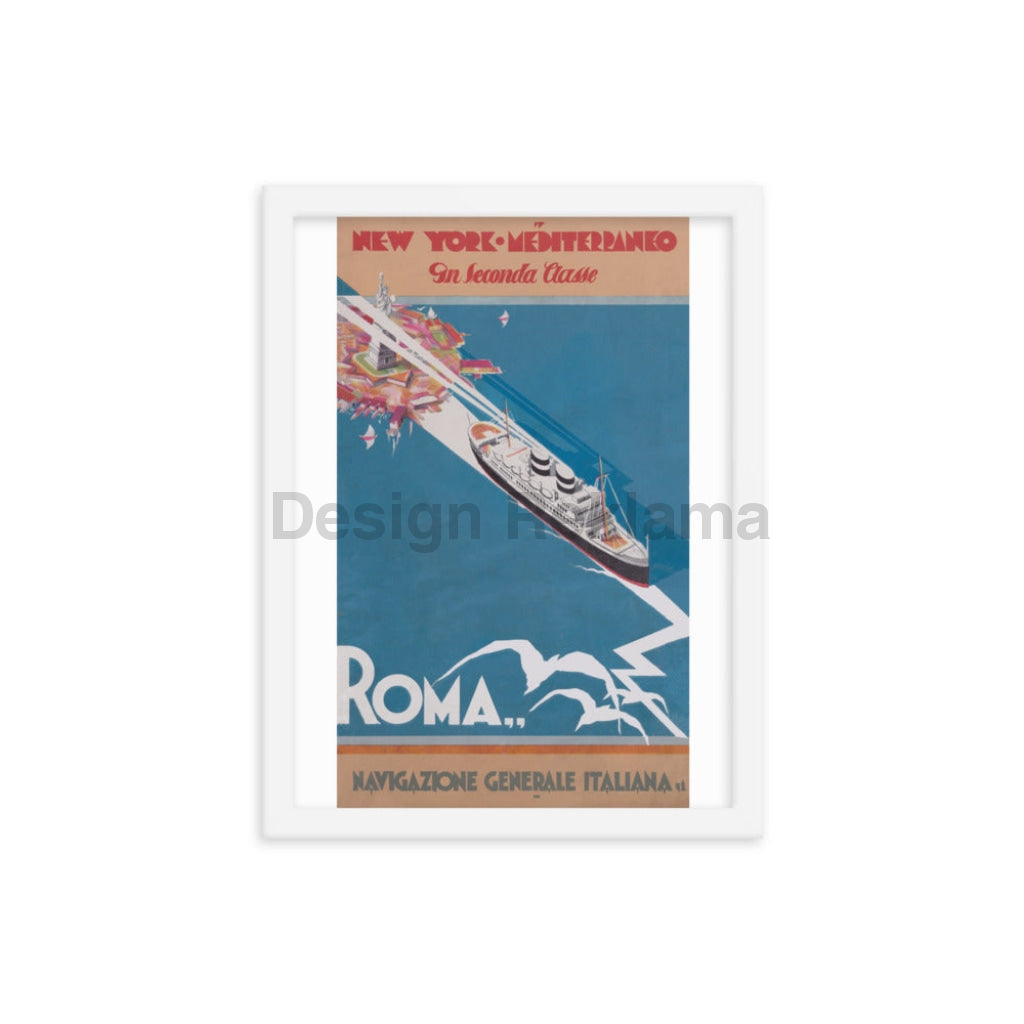 New York to the Mediterranean in Second Class by the Nagazione Generale Italiana, 1932. Framed Vintage Travel Poster Vintage Travel Poster Design Reklama