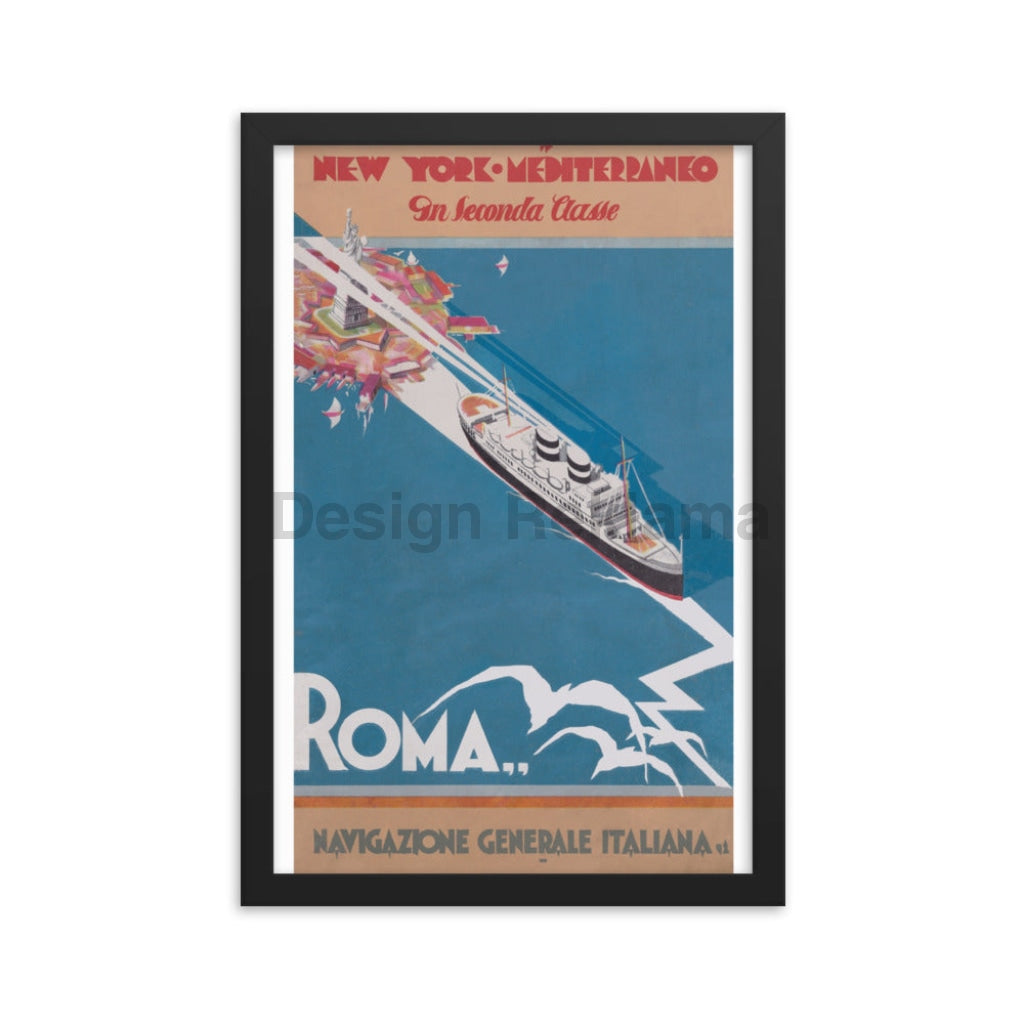 New York to the Mediterranean in Second Class by the Nagazione Generale Italiana, 1932. Framed Vintage Travel Poster Vintage Travel Poster Design Reklama