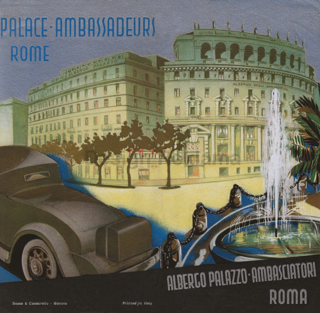 Palace Ambassadeurs Hotel Rome, Italy circa 1934. Unframed Vintage Travel Poster Vintage Travel Poster Design Reklama