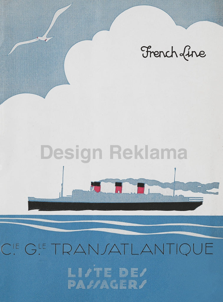 Passenger list French Line - Compagnie Générale Transatlantique, 1935. Unframed Vintage Travel Poster Vintage Travel Poster Design Reklama