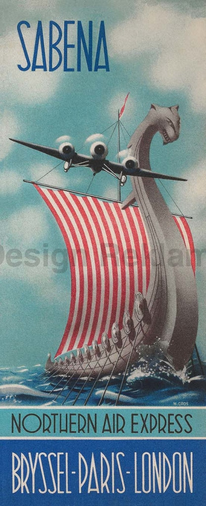 Sabena Belgium Airlines Northern Air Express to Brussels, Paris, London, circa 1937. Framed Vintage Travel Poster Vintage Travel Poster Design Reklama