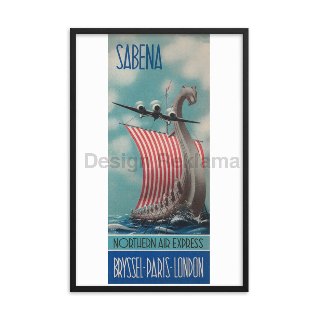 Sabena Belgium Airlines Northern Air Express to Brussels, Paris, London, circa 1937. Framed Vintage Travel Poster Vintage Travel Poster Design Reklama