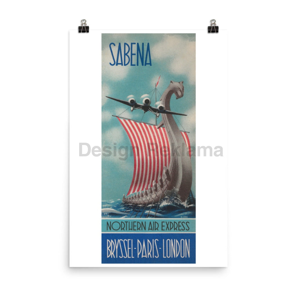 Sabena Belgium Airlines Northern Air Express to Brussels, Paris, London, circa 1937. Unframed Vintage Travel Poster Vintage Travel Poster Design Reklama