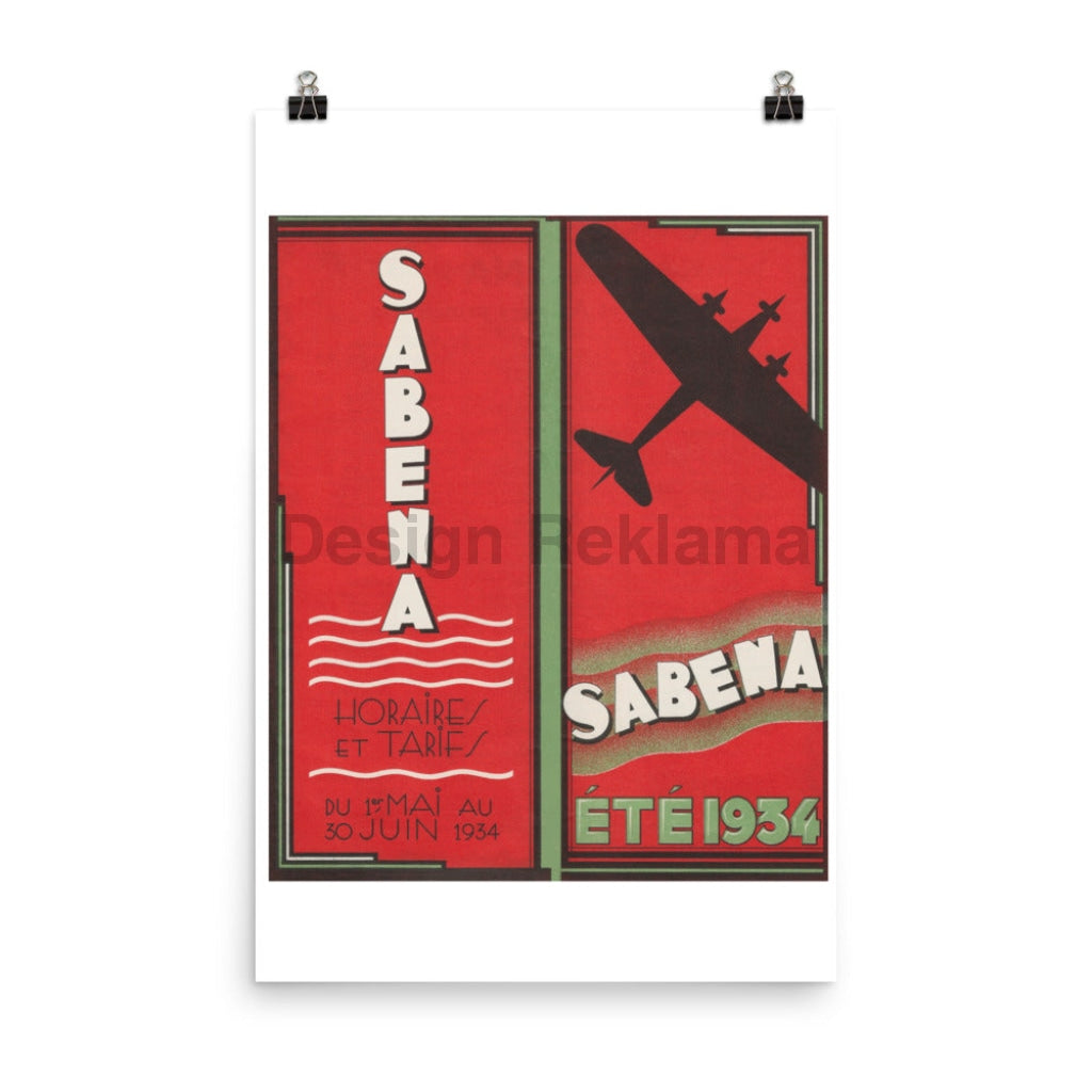Sabena Belgium Airlines, Summer 1934. Unframed Vintage Travel Poster Vintage Travel Poster Design Reklama
