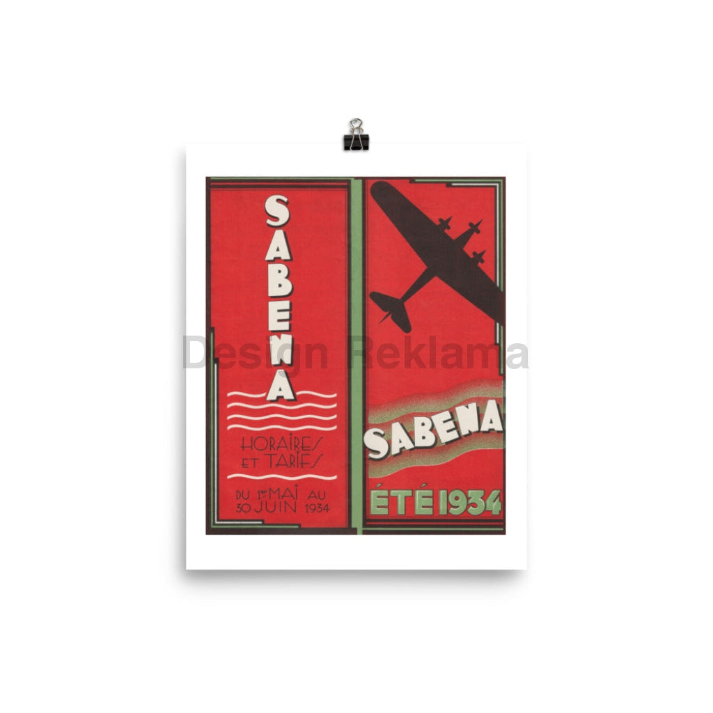 Sabena Belgium Airlines, Summer 1934. Unframed Vintage Travel Poster Vintage Travel Poster Design Reklama