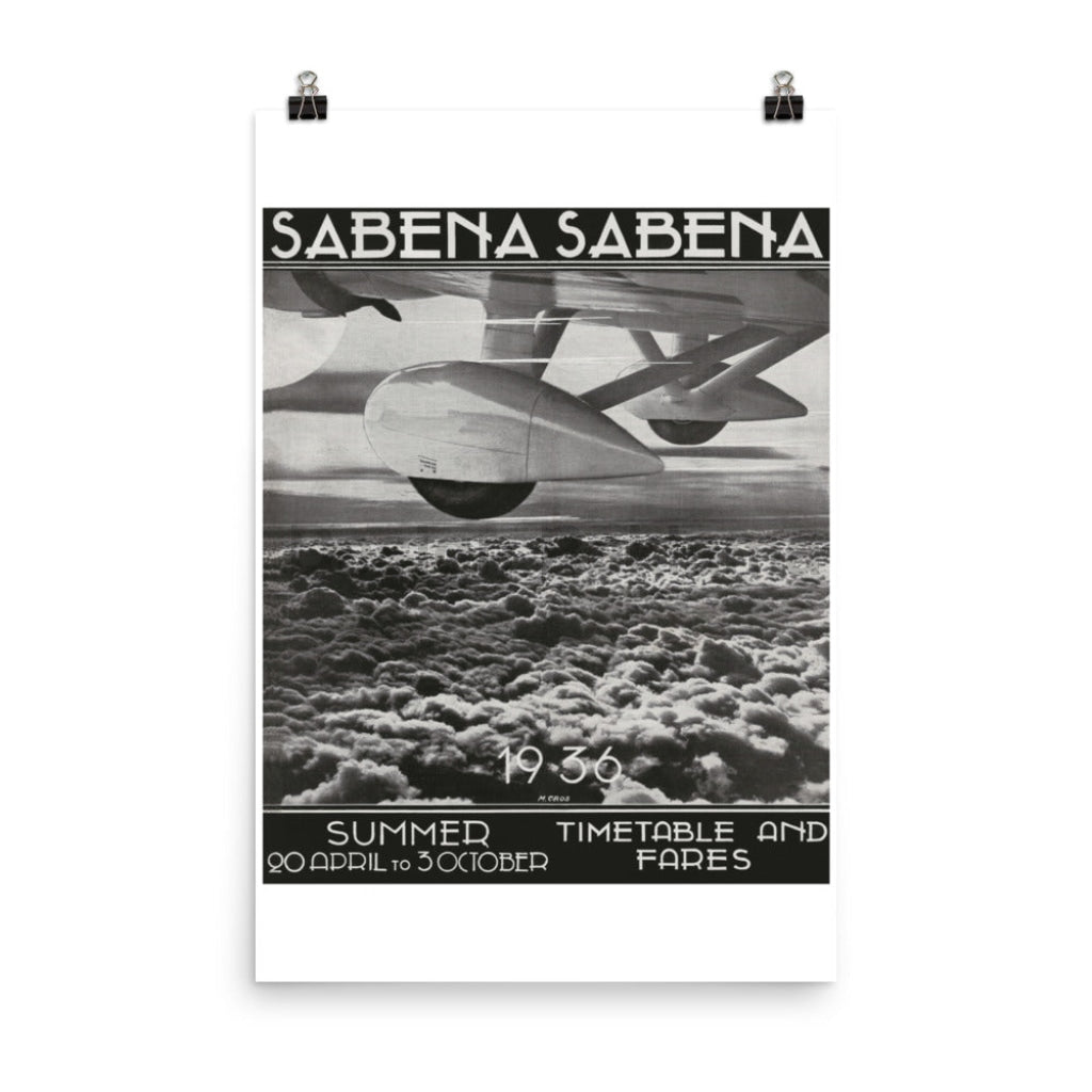 Sabena Belgium Airlines Summer 1936 Timetable, Unframed Vintage Travel Poster Vintage Travel Poster Design Reklama