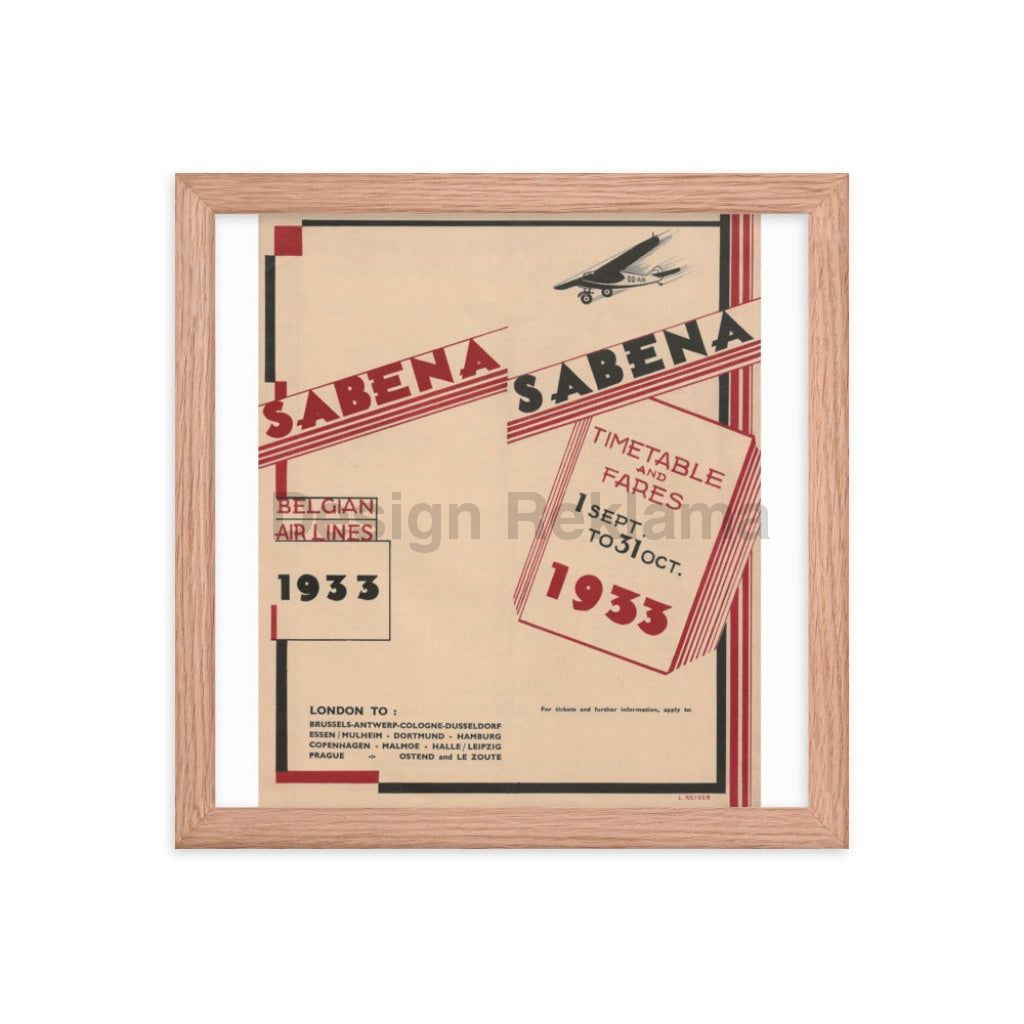 Sabena Belgium Airlines Timetable 1933 Framed Vintage Travel Poster Vintage Travel Poster Design Reklama