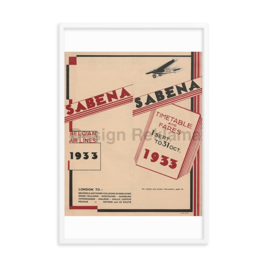 Sabena Belgium Airlines Timetable 1933 Framed Vintage Travel Poster Vintage Travel Poster Design Reklama
