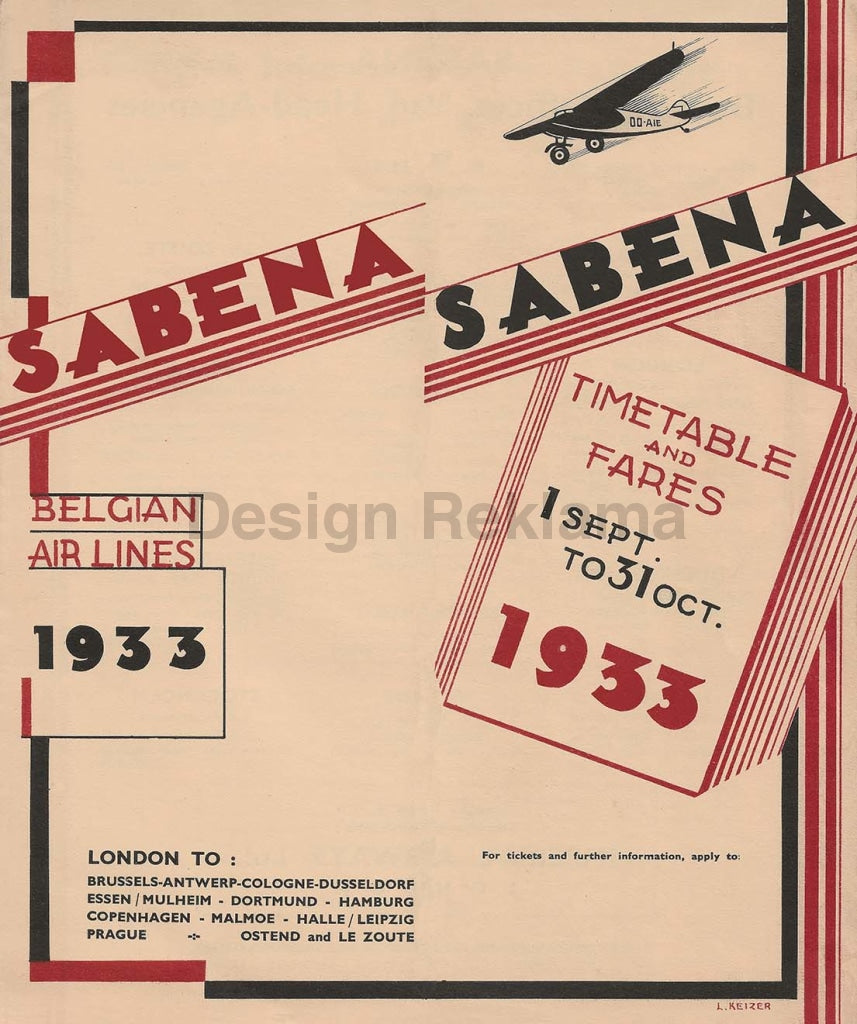 Sabena Belgium Airlines Timetable 1933 Unframed Vintage Travel Poster Vintage Travel Poster Design Reklama