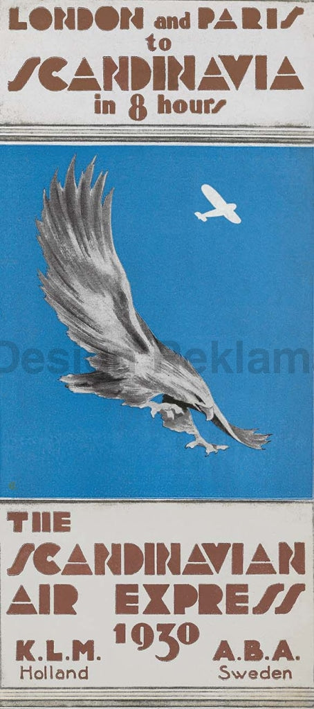 Scandinavian Air Express, 1930, Operated by KLM and ABA Airlines. Unframed Vintage Travel Poster Vintage Travel Poster Design Reklama