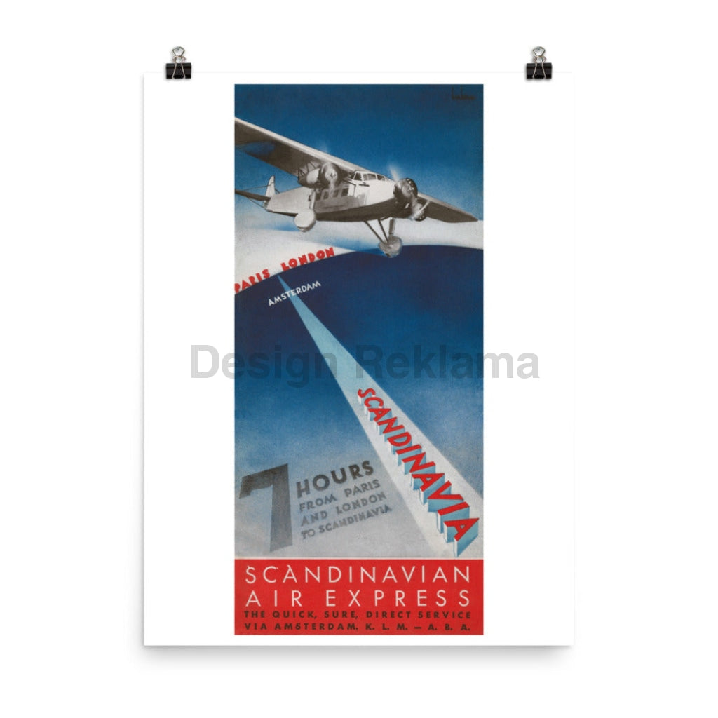 Scandinavian Air Express, 1933. JV by KLM and ABA, Unframed Vintage Travel Poster. Designed by Beckman. Vintage Travel Poster Design Reklama