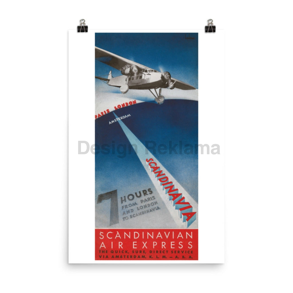 Scandinavian Air Express, 1933. JV by KLM and ABA, Unframed Vintage Travel Poster. Designed by Beckman. Vintage Travel Poster Design Reklama