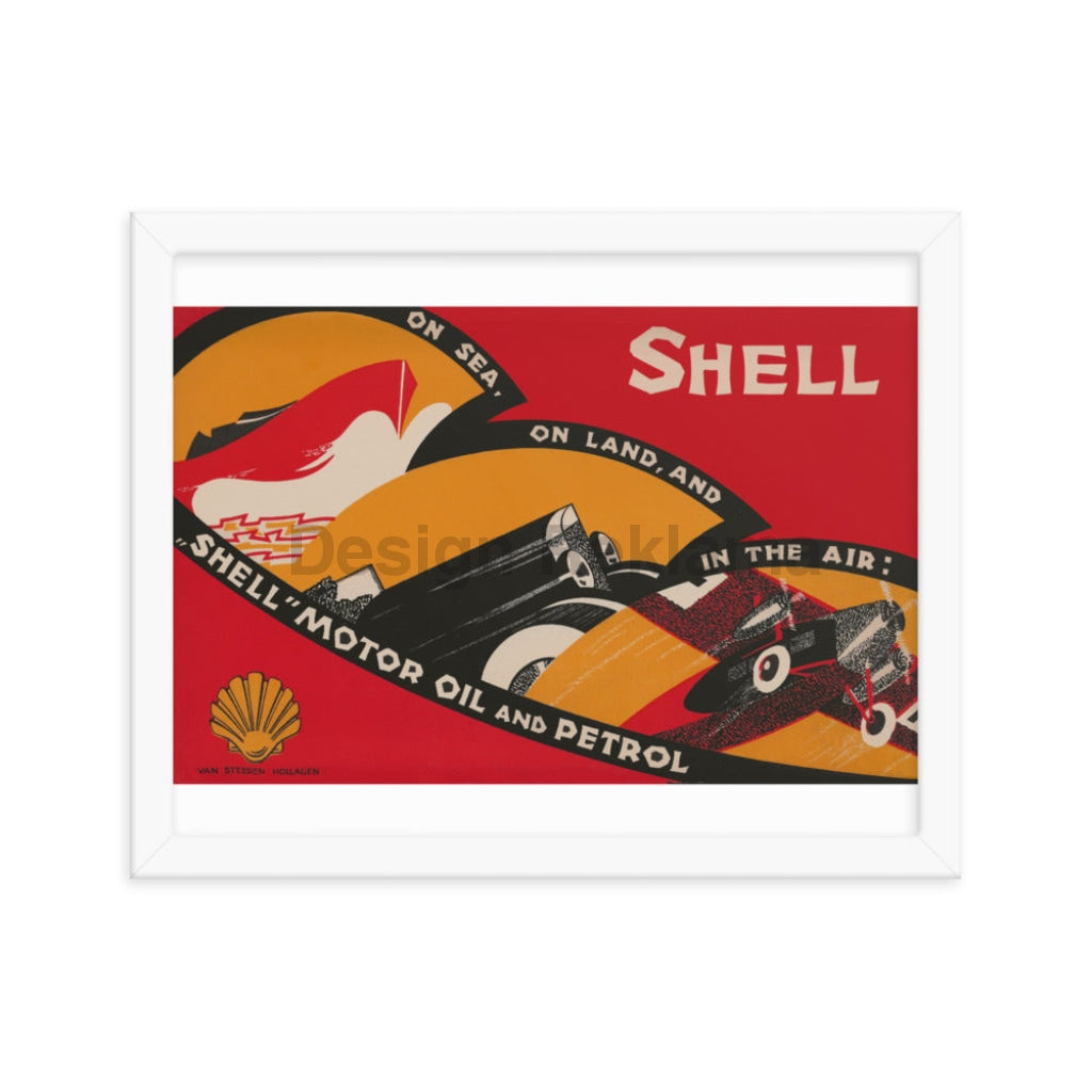Shell Motor Oil and Petrol, circa 1933. Framed Vintage Travel Poster Vintage Travel Poster Design Reklama