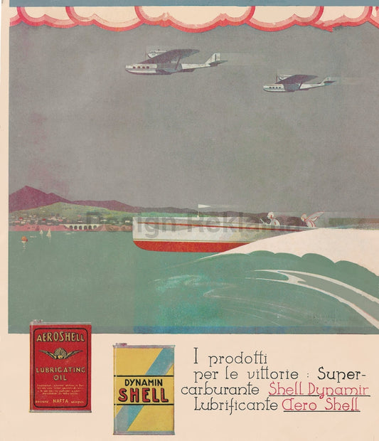 Shell Oil and Gas Products for Boats, Italy, circa 1935. Framed Vintage Travel Poster Vintage Travel Poster Design Reklama