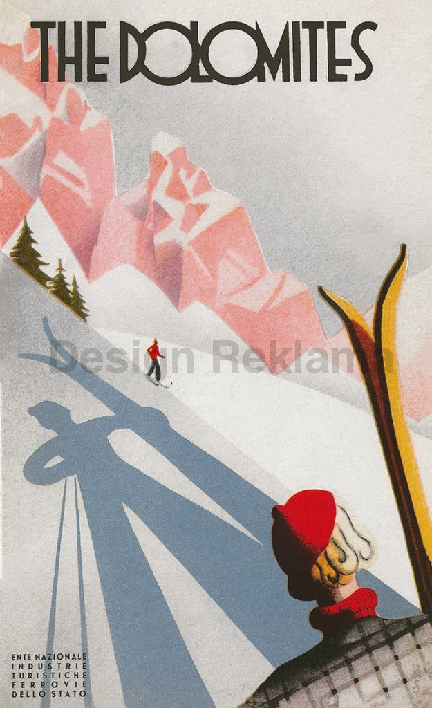 Skiing in the Dolomite Mountains, Italy circa 1933 Published by the ENIT. Unframed Vintage Travel Poster Vintage Travel Poster Design Reklama