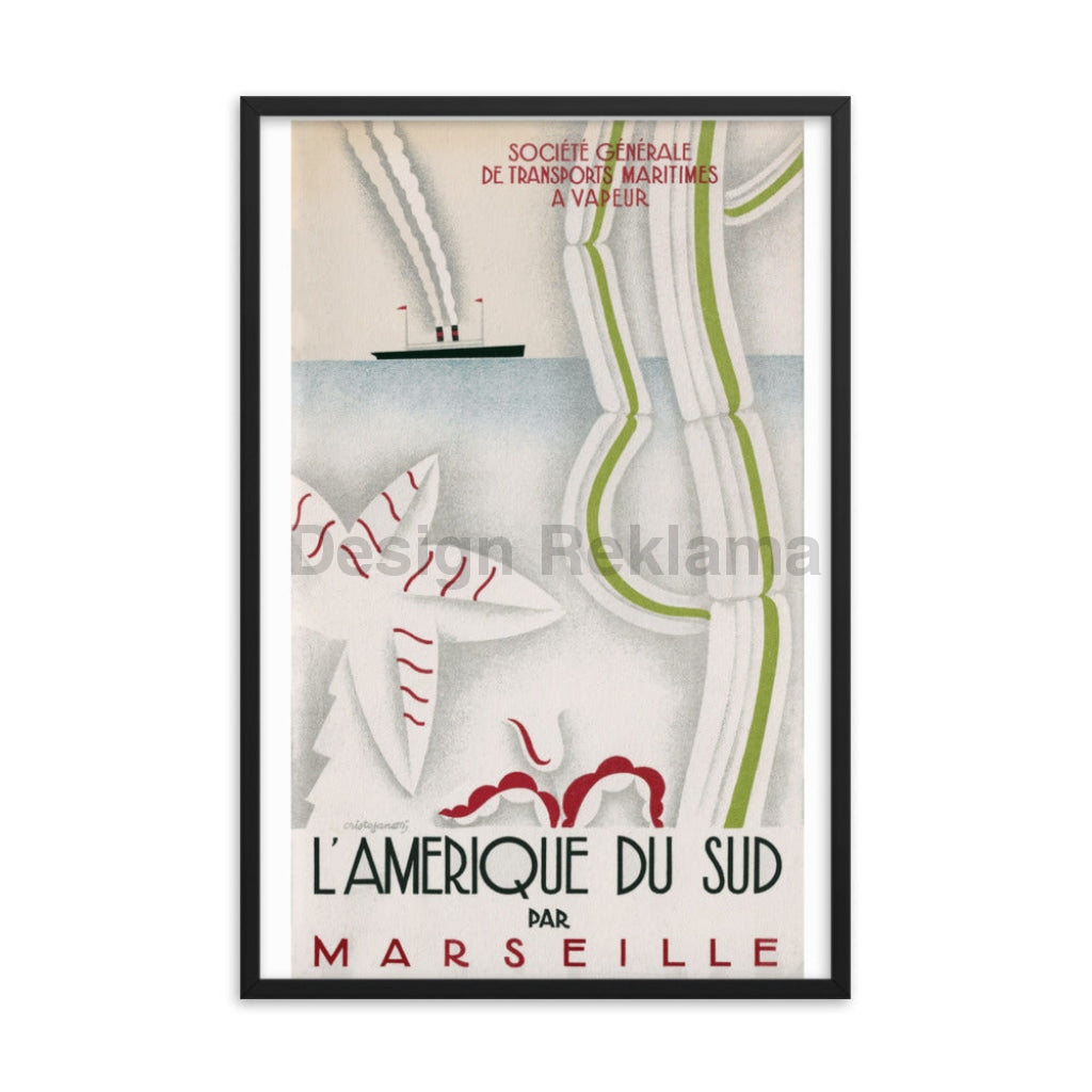South America by Marseille, 1929. Société Générale de Transports Maritimes à Vapeur. Framed Vintage Travel Poster Vintage Travel Poster Design Reklama