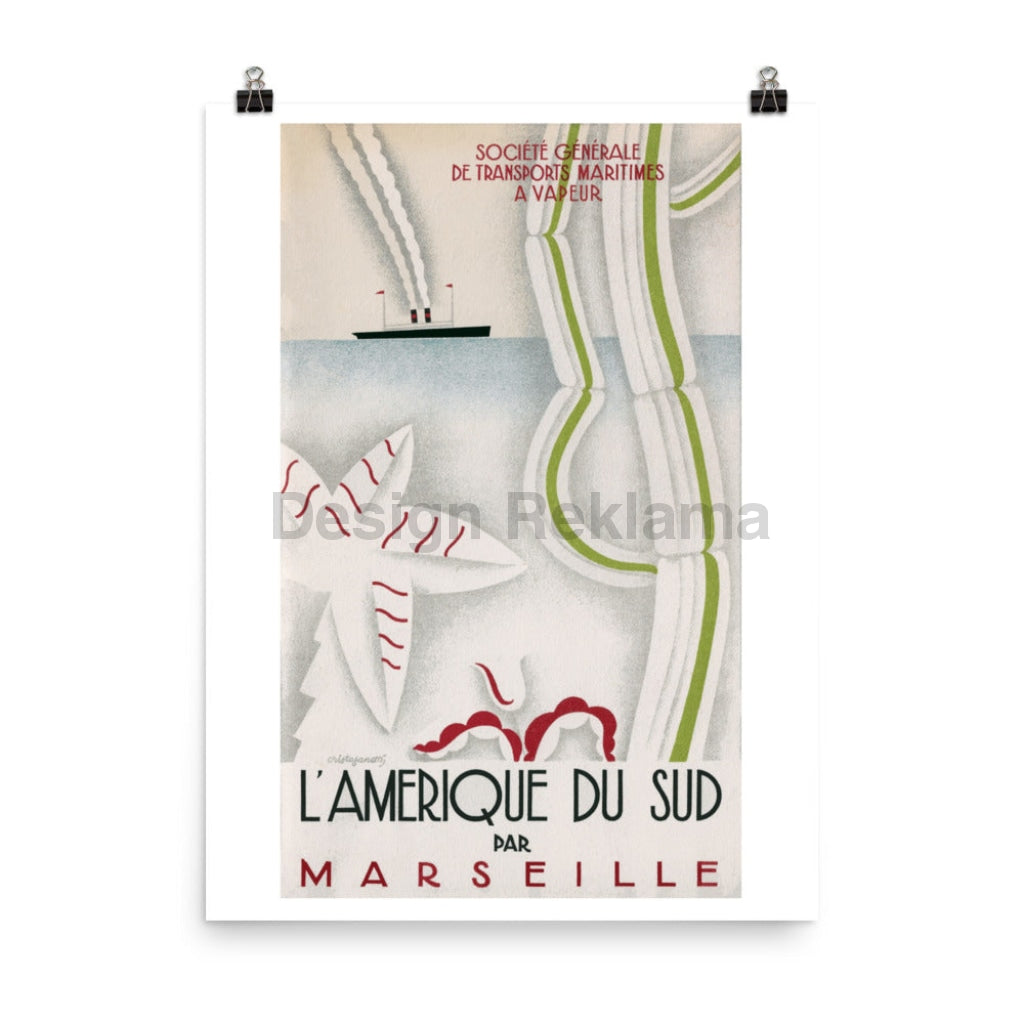 South America by Marseille, 1929. Société Générale de Transports Maritimes à Vapeur. Unframed Vintage Travel Poster Vintage Travel Poster Design Reklama