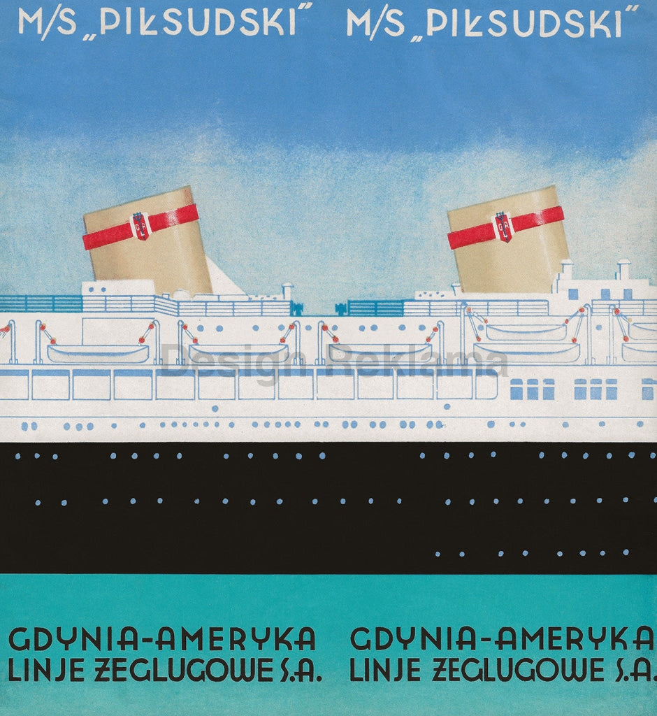 The Motor Ship Piłsudski of the Gdynia America Shipping Line, 1934. Unframed Vintage Travel Poster Vintage Travel Poster Design Reklama