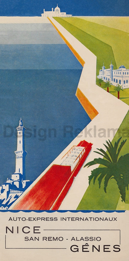 Travel by Auto-Express International | Nice - San Remo - Alassio - Genoa, circa 1932. Framed Vintage Travel Poster Vintage Travel Poster Design Reklama