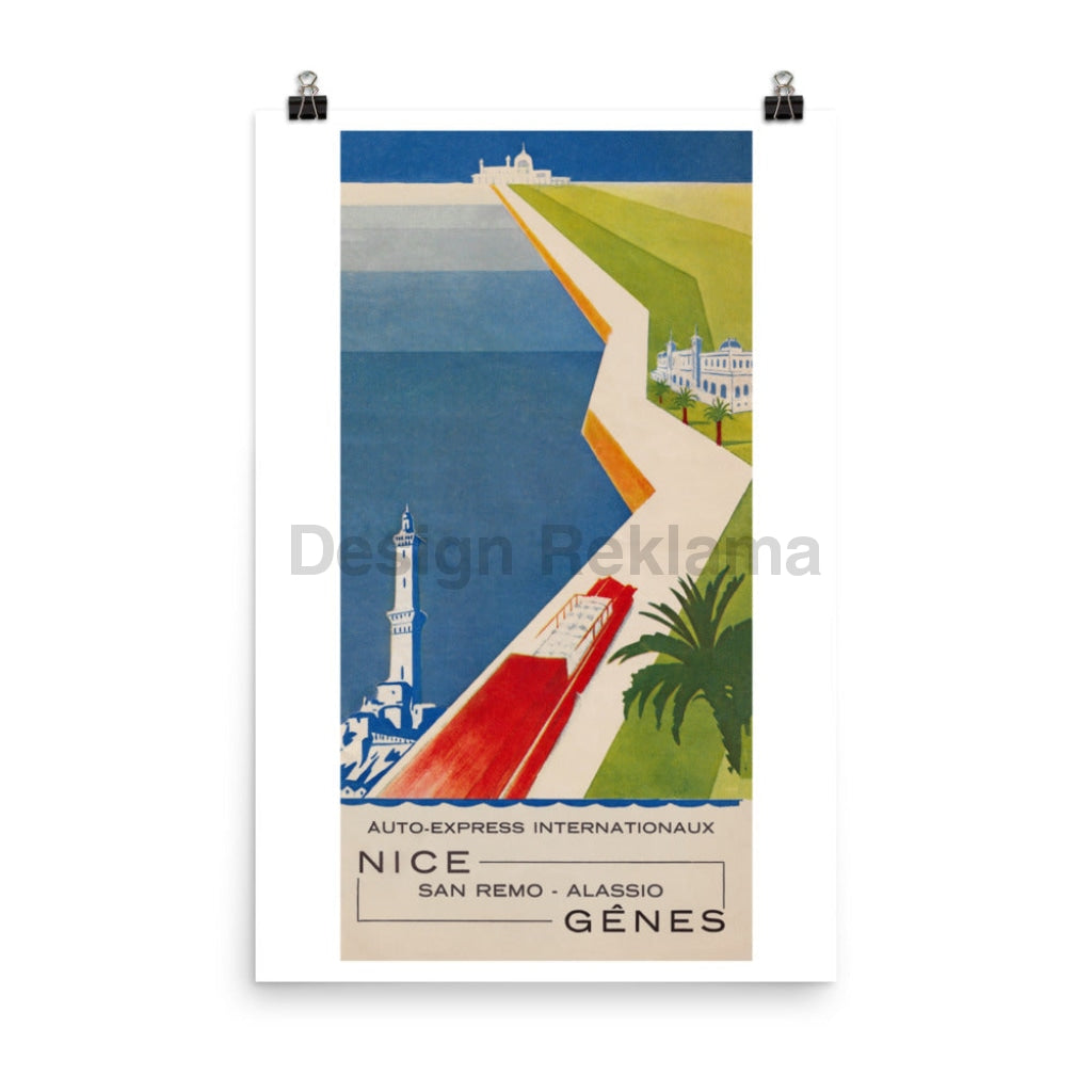 Travel by Auto-Express International | Nice - San Remo - Alassio - Genoa, circa 1932. Unframed Vintage Travel Poster Vintage Travel Poster Design Reklama