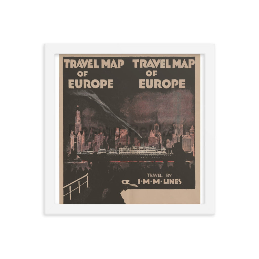 Travel Map of Europe 1930 by the International Mercantile Marine Company. Framed Vintage Travel Poster Vintage Travel Poster Design Reklama