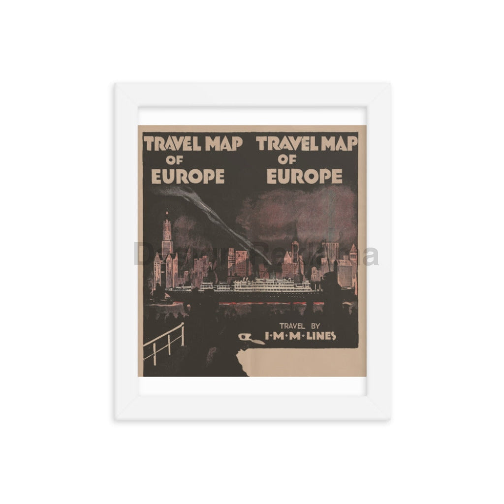 Travel Map of Europe 1930 by the International Mercantile Marine Company. Framed Vintage Travel Poster Vintage Travel Poster Design Reklama