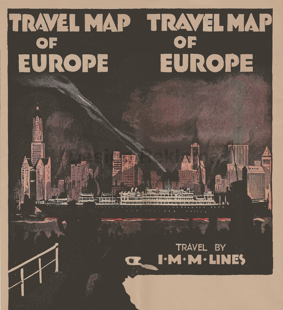 Travel Map of Europe 1930 by the International Mercantile Marine Company. Unframed Vintage Travel Poster Vintage Travel Poster Design Reklama
