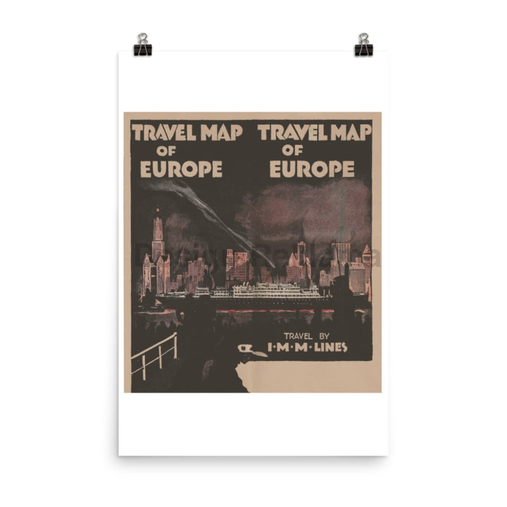 Travel Map of Europe 1930 by the International Mercantile Marine Company. Unframed Vintage Travel Poster Vintage Travel Poster Design Reklama