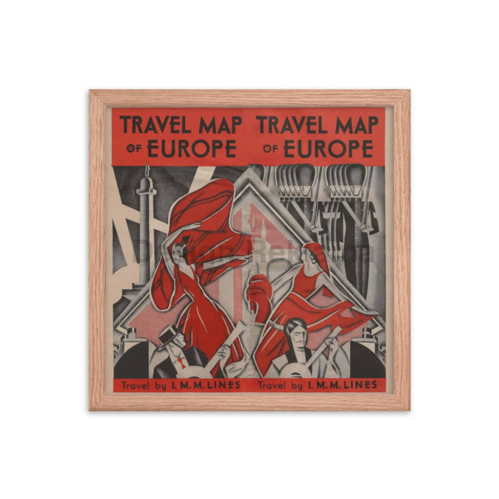 Travel Map Of Europe IMM Lines, 1932. Framed Vintage Travel Poster Vintage Travel Poster Design Reklama
